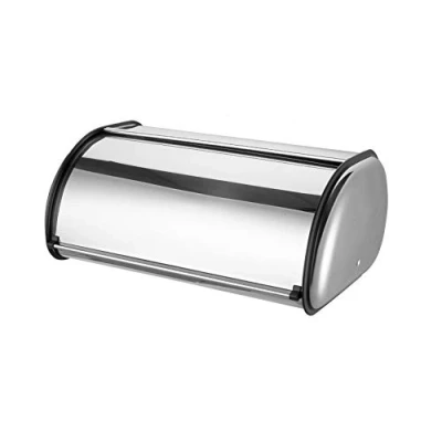 Image of Bread Bin Roll Top Stainless Steel Silver Loaf Canister Vintage Metal Box Rolling Container Kitchen Home Food Storage (42x27x19cm)