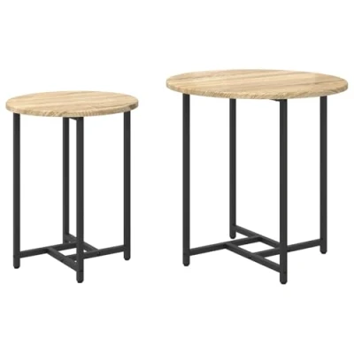 Image of vidaXL modern round end table sonoma oak/black mdf with metal inlays, living room accent side table, 45 cm height, brown wood grain texture for bedrooms