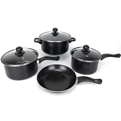 Image of Gr8 Home Black 7 Piece Non Stick Kitchen Cookware Set Cooking Pot Frying Pan Saucepan with Glass Lids
