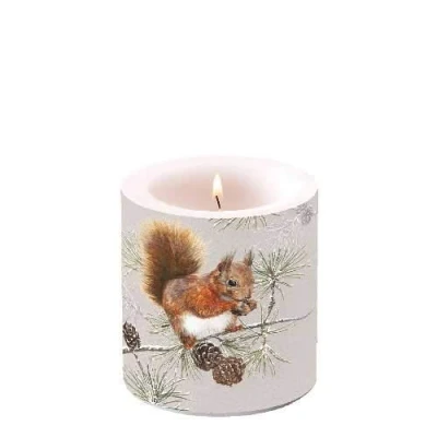 Image of Ambiente Christmas Candle Squirrel in Winter 3&quot; Pillar 8 Centimeter Tall