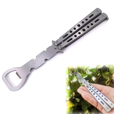 Image of KMRA Butterfly Bottle Opener,Pocket Practice Training Full Stainless Steel Unsharpened Blade Dull Bailisong Knifetrainer,Titanium Opener for Practicing Flipping Tricks