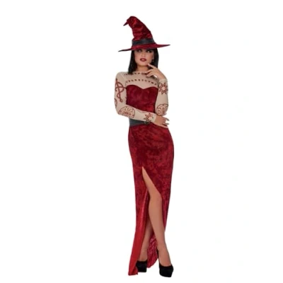 Image of Smiffys Satanic Witch Costume, Red Dress, Belt &amp; Hat, Halloween Adult Fancy Dress Up Costumes