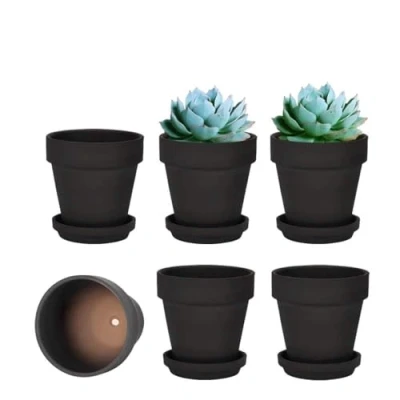 Image of vensovo 10.16cm Black Clay Pot for Plant with Saucer 6 Pack Small Terra Cotta Drainage Hole, Flower Tray, Terracotta Indoor Outdoor