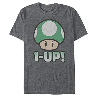 Image of Nintendo Men&#039;s Mario 1 up Mushroom T Shirt, Charcoal Heather, XL
