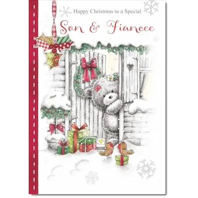 Image of doodlecards Son &amp; Fiancee Christmas Card Grey Bear in Snow Medium Size with Plain Red Envelope, 21 x 15cm