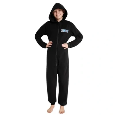 Image of One Piece Boys Onesie Hooded Fleece for Teenagers 7 14 Years Kids PJs Comfy Loungewear Gifts (Black, 8 Years)