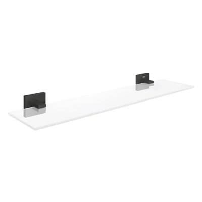 Image of GROHE Start Cube QuickFix Glass Shelf with Matt Black Holders (Glass and Metal, Wall Mounted, Concealed Fastening, Including Screws Dowels), Size 530 mm, Extra Easy to Fit QuickGlue, 411092430