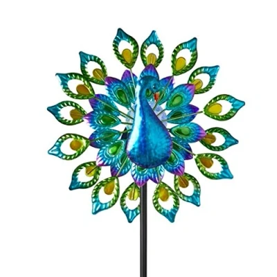 Image of Garden Mile Solar Powered Wind Spinner Extra Large Sculpture LED Light Decoration Multi Colour Kinetic Ground Stake Ornament (Peacock)