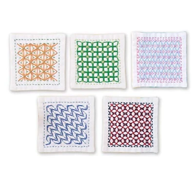 Image of olympus Thread Kugurizashi Sashiko Embroidery Kit Coasters White Pack of 5 Printed Fabric