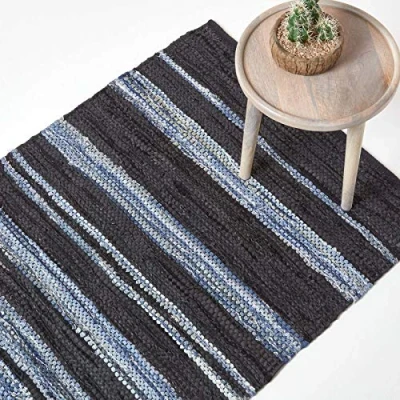 Image of HOMESCAPES Contemporary Style Hallway Runner ‘Texas’ Navy Blue &amp; Light Leather Recycled Cotton Rug, 90 x 150cm