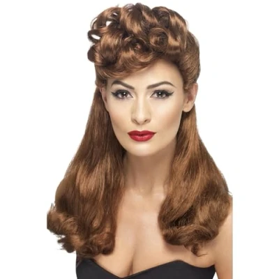 Image of Smiffys 40s Vintage Wig, Auburn Long with Top Curls, 1940&#039;s Wartime Fancy Dress, 1940s Dress Up Wigs
