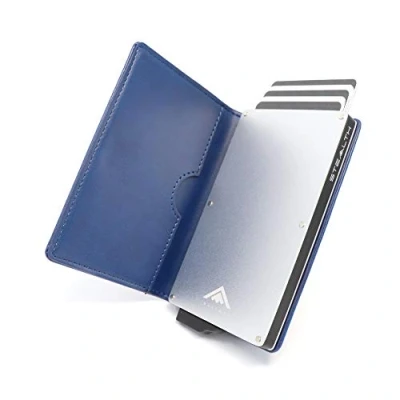 Image of Stealth Wallet RFID Card Holder Smart Minimalist Pop Up Wallets with Gift Box Slim Lightweight Metal Credit Holders for Men &amp; Contactless Protector (Silver Aluminium, Blue Leather)