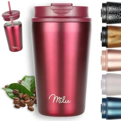 Image of Milu Travel Mug 300ml, 400ml, 500ml 100% Leakproof Stainless Steel Coffee Thermal to go Insulated with Straw Keeps hot for 10h / Cold 20h, BPA Free (Berry, 400ml)