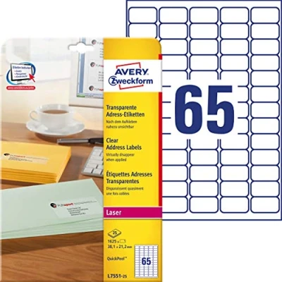 Image of AVERY Zweckform L4770 25 Address Labels Printable Self Adhesive for C6 Envelopes + Deutsche Post Internet Mark 1000 Transparent Sheets Format 38 x 21,1 mm