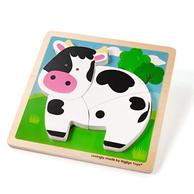 Image of Bigjigs Toys, Chunky Lift Out Puzzle Cow, Wooden Shapes Puzzle, Toddler Puzzles, Jigsaw For Kids, Puzzles 1 2 3 year Olds, Toys