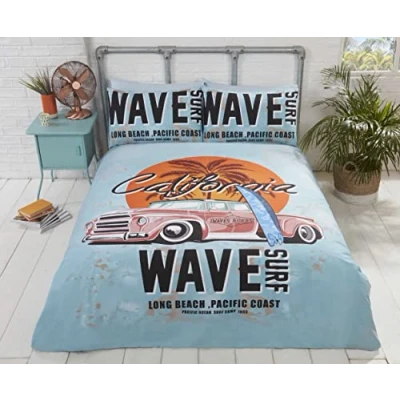 Image of Rapport Duvet Cover Bedding Set Retro California Surf Board on a Beach with Palm Tree &amp; Vintage Car, Blue, Duck Egg, King