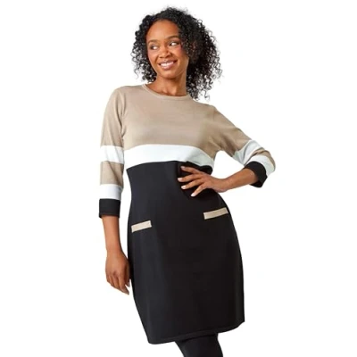 Image of Roman Originals Knitted Jumper Dress for Women UK Ladies Colour Block Winter Autumn Smart Casual Office Bodycon Workwear Everyday Long Sleeve Knee Length Knit Pocket Camel Size 18