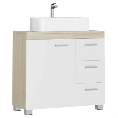 Image of VASAGLE Under Sink Bathroom Cabinet, Storage with 3 Drawers, 2 Compartments Behind the Door, for Washbasins Pedestal, Feet, 30 x 70 64 cm, Cloud White and Natural Beige BBK504K01