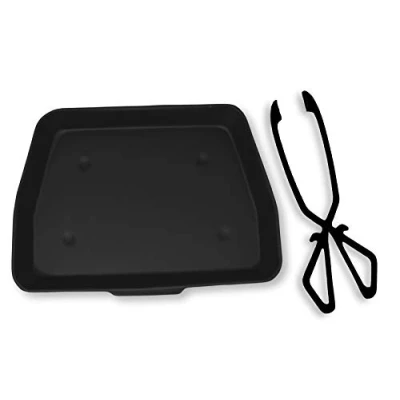 Image of Black Metal Ash Pan 33cm Wide (13&quot;) with a Cast Iron Coal and Log Tongs
