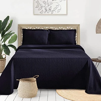 Image of Superior Cotton Fleur De Lis Bedspread Set, Warm Blankets, All Season Bedding, Bedroom Decor, Decorative Boho Medallion Coverlet, Includes 1 Bedspread, Pillow Sham, Twin, Navy Blue