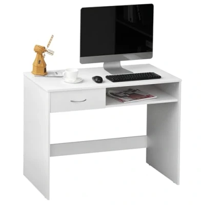 Image of HOMCOM Compact Computer Desk, Study Table with Drawer and Storage Compartment, Writing Workstation, White