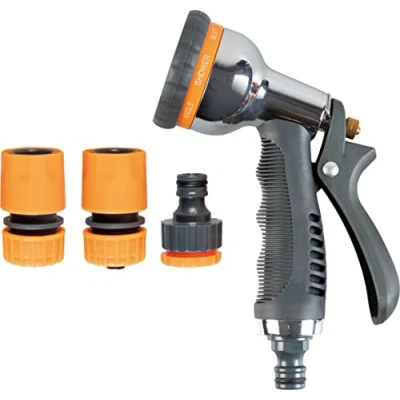 Image of Garden Hose Spray Gun Head with Fixing Kit (Chrome, Grey &amp; Yellow)