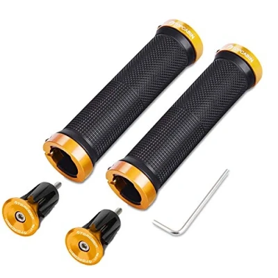 Image of TOPCABIN Bike Grips Double lock on Locking Bicycle Handlebar Cycle Mountain BMX Floding ((Aluminum plug+Grips) Gold 1 Pair)
