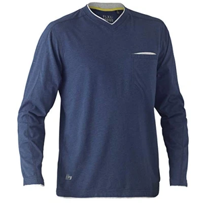 Image of Bisley Workwear UKBK6933_BPCT Flex &amp; Move Cotton Rich T Shirt V Neck Long Sleeve Navy Marle, 3XL