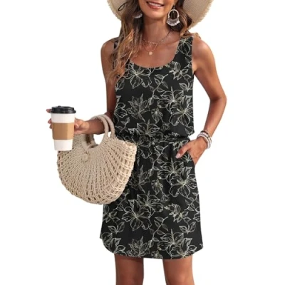 Image of WNEEDU Summer Dresses Women UK Darwstring Beach Emprie Waist Sundresses with Pockets Black Gold Leaf M