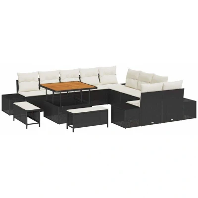 Image of vidaXL 13 Piece Garden Sofa Set with Cushions Black Poly Rattan Acacia