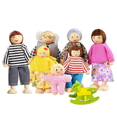 Image of Lovely Happy Family Dolls Playset Wooden Figures Set of 7 People for Kids Children Toddlers Dollhouse Pretend Gift