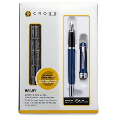 Image of Cross Bailey Blue Lacquer Fountain Pen with 6 Refill Gift Box