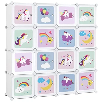 Image of SONGMICS 16 Cube Shelving System, Storage Cabinet for Kids, Wardrobe with Doors, Plastic Shoe Rack, Boltless Shelf, Multipurpose, Shoes, Toy, 123 x 31 cm, White LPC906W01
