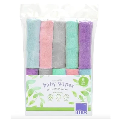 Image of Bambino Mio, Reusable Baby Wipes Everyday Eco Friendly, Chemical Free, Double Sided Washable Wipes, Pack of 10, Cloud