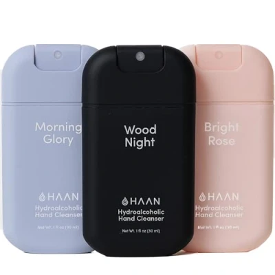 Image of HAAN Hydroalcoholic Hand Cleanser 30ml, Sanitiser Pack of 3, Available Scents Morning Glory, Bright Rose, Wood Night Antibacterial Sanitizer