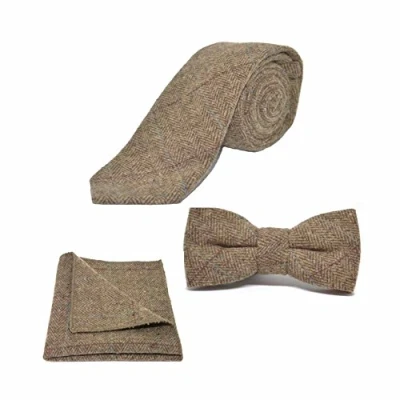 Image of King &amp; Priory Luxury Herringbone Brown Tweed Bow Tie, Tie Pocket Square Set