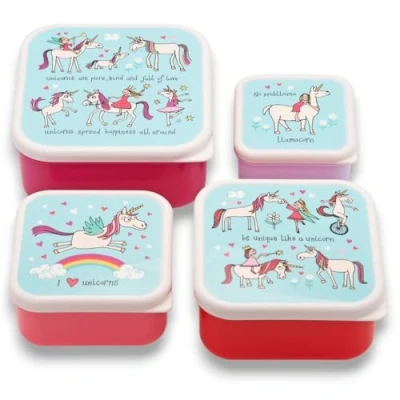 Image of Tyrrell Katz Kids Snack Boxes with Unicorn Print Children&#039;s 4 Piece Set Freezer Safe Square Food Storage Containers