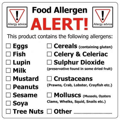 Image of 60mm Square Alert! Food Allergy/Allergen Advice Warning Stickers Professionally Printed