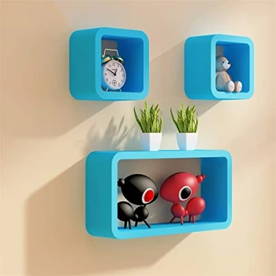 Image of GZLL Cube Floating Wall Shelves, Set Of 3, Storage Display Shelf Bookcase Bookshelf Mounted (Color : Blue)