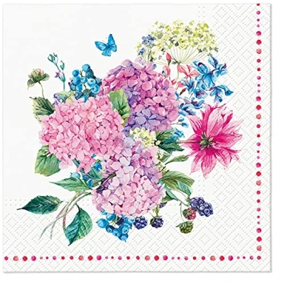 Image of Tete a 3Ply Pastel Flowery Tissue Paper Napkins Decoupage Serviettes 33cm x Pack of 20 (Hydrangea Bouquet)