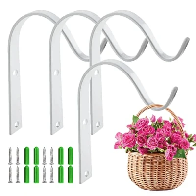 Image of Hanging Basket Bracket, 4PCS Metal Brackets Hooks Bracket for Garden Lawn Light Flower Pots Bird Feeders Plants Lanterns Wind Chimes White