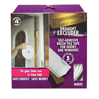 Image of White Brush pile draught excluder weather proofing seal self adhesive by Stormguard. 5 Metre Roll, Guaranteed 4 years.