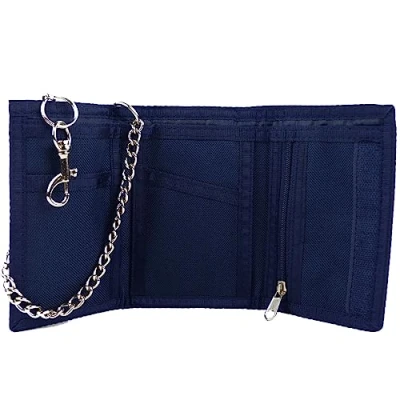 Image of RED X Mens Boys Tri Fold Canvas Wallet and Chain Navy Blue