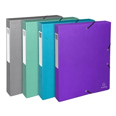 Image of Exacompta Ref. 59640E 4 filing boxes with Teksto rubber bands in tinted, grained card spine cm dimensions 25 x 33 for A4 format documents assorted colors delivered assembled
