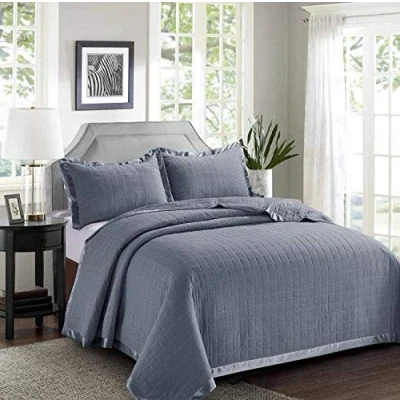 Image of Beautiful Plain colour OSCA Quilted Bedspread/Throw with 2 Pillow Shams (Silver, Single)