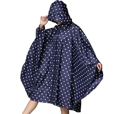 Image of Easylife Zip Poncho Raincoat (Navy Dot), Rain With Storage Pouch, Waterproof Coat (measures L146 x W103cm), Coats For Women, Ponchos Women Fully Guaranteed