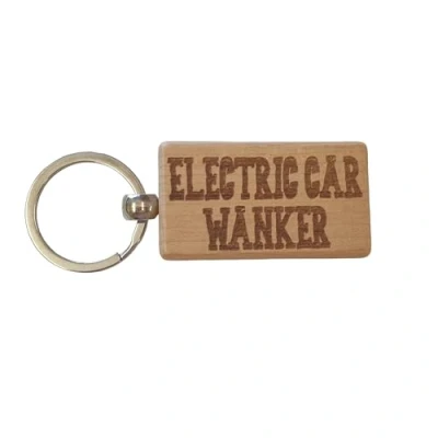 Image of Decalarama Electric Car Wanker Keyring Gift Rude Cute Engraved Wooden Driver Key Fob Fun Novelty Nice Custom Present