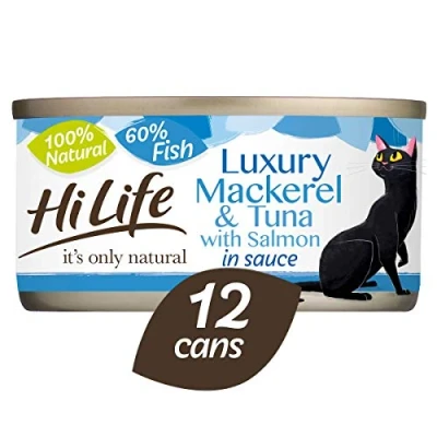 Image of HiLife it&#039;s only Natural Wet Cat Food Luxury Mackerel, Tuna &amp; Salmon in Sauce 100% Grain Free, 12 Cans x 70g