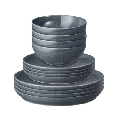 Image of Denby Dark Grey Speckle 12 Piece Tableware Set Dishwasher &amp; Microwave Safe Crockery Textured Glaze Effect Ceramic Stoneware Chip, Crack Resistant Dinner Plates Cereal Bowls