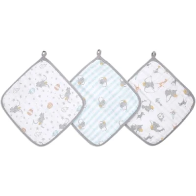 Image of aden + anais essentials Washcloth Set, Super Soft 100% Cotton Muslin, 27.5x27.5cm, 3 Pack, dumbo new heights